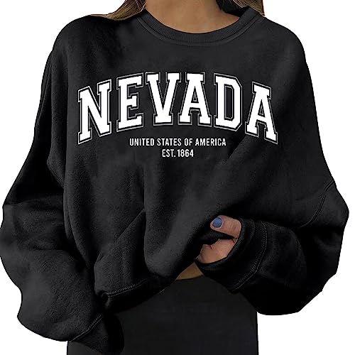 Sweatshirt Damen ohne Kapuze Mode Nevada Buchstabendruck Langarmshirt Herbst Winter Warm Sportshirt Vintage Rundhals Pullover Casual Pulli Oberteile Streetwear Damenpullover (02 Schwarz, M) von DonDown