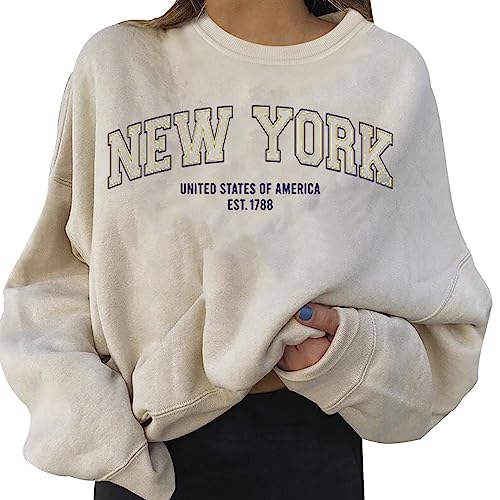 Sweatshirt Damen ohne Kapuze Mode New York Buchstabendruck Langarmshirt Herbst Winter Warm Sportshirt Vintage Rundhals Pullover Casual Pulli Oberteile Streetwear Damenpullover (01 Beige, L) von DonDown