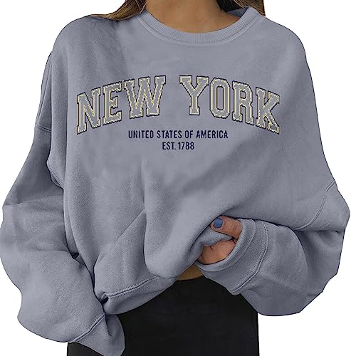 Sweatshirt Damen ohne Kapuze Mode New York Buchstabendruck Langarmshirt Herbst Winter Warm Sportshirt Vintage Rundhals Pullover Casual Pulli Oberteile Streetwear Damenpullover (01 Grau, L) von DonDown