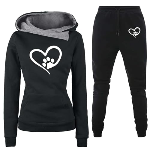 Trainingsanzug Damen Niedlicher Herzdruck Fleece Gefütterte Kapuzenpulli Sporthosen Jogginganzug Lässig Oberteile Hosen 2er-Anzug Tracksuit Kapuzenpullover Jogginghose Sportanzug (05 Schwarz, XXL) von DonDown