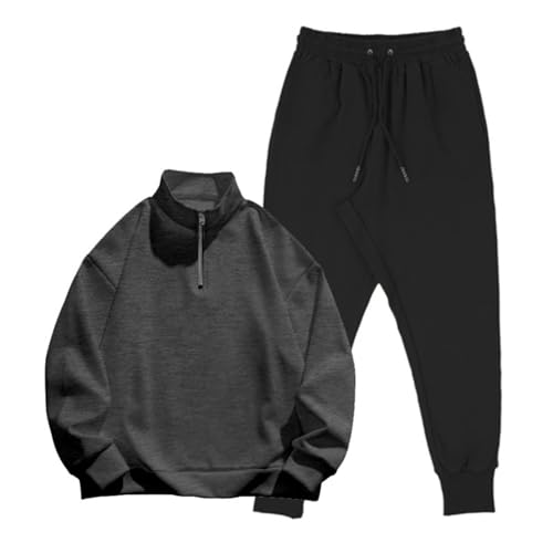 Trainingsanzug Jogginganzug Herren Halber Reißverschluss Unifarben Pullover Sweatshirt Jogginghose Sportanzug Männer Pullover Lässig Oberteile und Sporthosen 2 Stück Anzug Tracksuit (Dunkelgrau, M) von DonDown