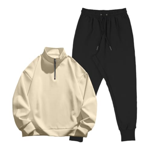 Trainingsanzug Jogginganzug Herren Halber Reißverschluss Unifarben Pullover Sweatshirt Jogginghose Sportanzug Männer Pullover Lässig Oberteile und Sporthosen 2 Stück Anzug Tracksuit (Khaki, M) von DonDown