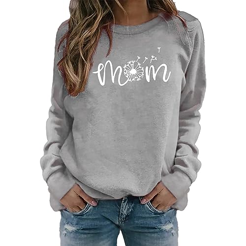 Weihnachtspullover Sweatshirt Damen ohne Kapuze Mode MOM Buchstabendruck Langarmshirt Herbst Winter Warm Sportshirt Vintage Rundhals Pullover Casual Pulli Oberteile Streetwear (01 Grau, M) von DonDown