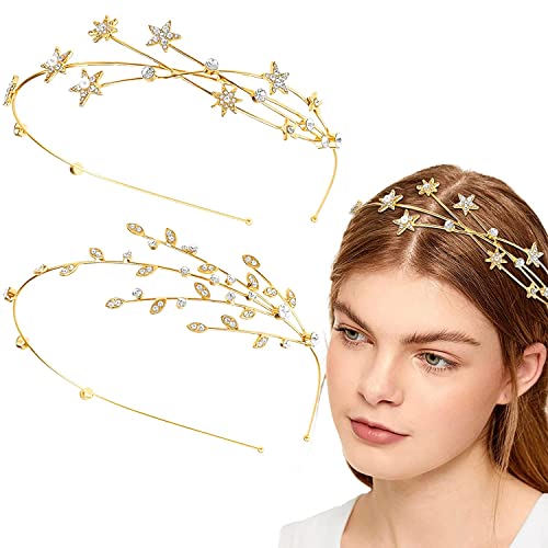 2 Stück Gold Strass Legierung Fünfzackige Stern Stirnbänder Braut Haarreifen Dekorative Kopfbedeckung Hochzeit Haarschmuck Ornamente für elegante Frauen Mädchen von DonLeeving