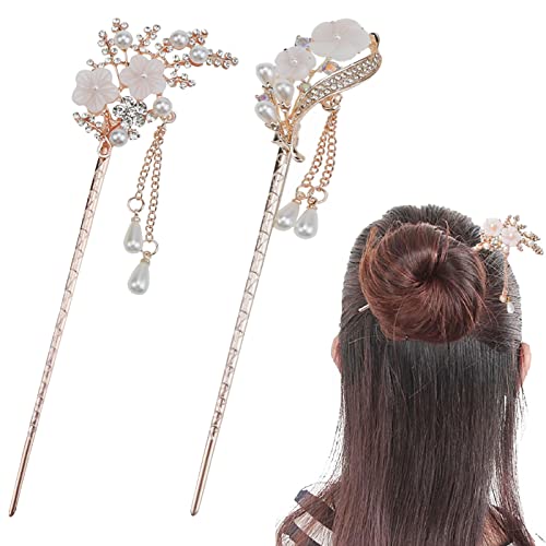 2 Stück chinesische Haarstäbchen Haarstäbchen Strass Perle Blume Haarnadel Retro Quaste Haar Chignon Zubehör Frauen Mädchen von DonLeeving