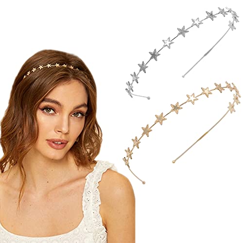 2 Stück fünfzackige Stern-Stirnbänder, Legierung Stirnband, Braut Haarreifen Hochzeit Haarschmuck Ornamente für elegante Frauen Mädchen, zum Geburtstag Valentinstag (Gold & Silber) von DonLeeving