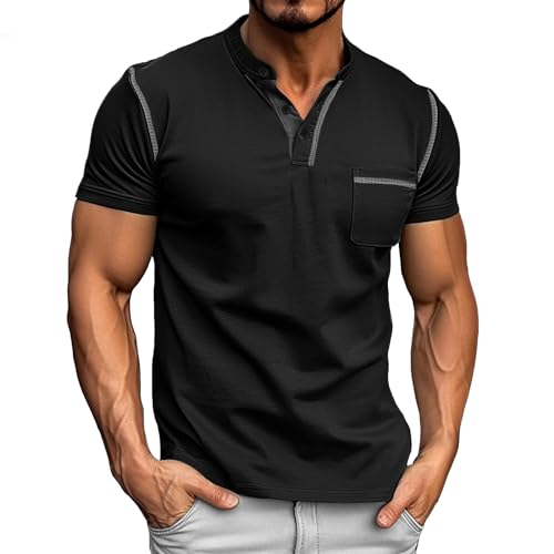 Donason Herren Henley Shirt Sommer Kurzarm Knopf T-Shirt mit Brusttasche und Grandad-Ausschnitt Kurzarmshirt Casual Basic Tops Tshirt für Männer von Donason