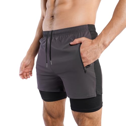 Donason Herren Sport Shorts 2 in 1 Sporthose Schnell Trocknend Laufshorts Sommer Kurze Hose mit Reißverschlusstasche für Training Fitness von Donason