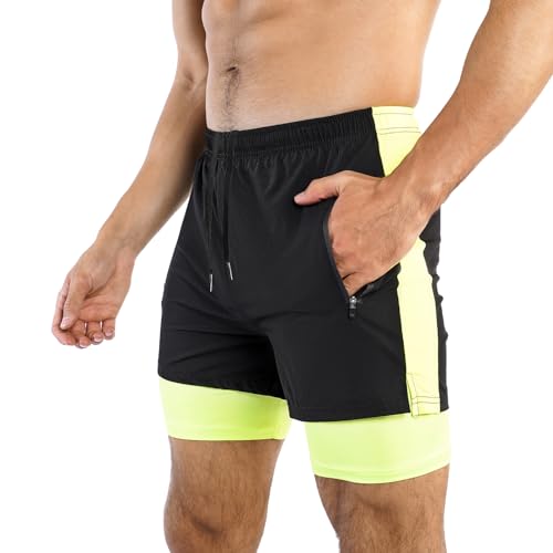 Donason Herren Sport Shorts 2 in 1 Sporthose Schnell Trocknend Laufshorts Sommer Kurze Hose mit Reißverschlusstasche für Training Fitness von Donason