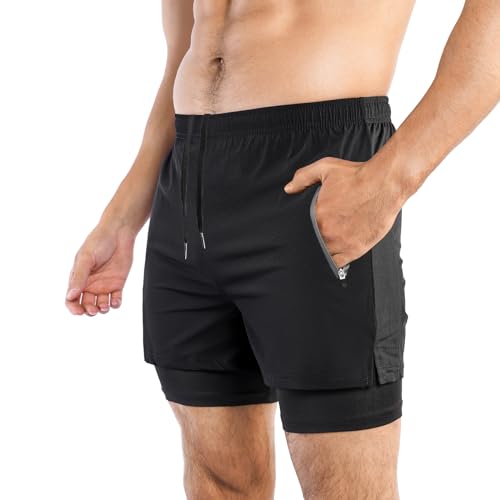 Donason Herren Sport Shorts Schnell Trocknend Sporthose Laufshorts 2 in 1 Sommer Training Fitness Kurze Hose mit Reißverschlusstasche von Donason