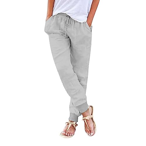 16 Farbe Leinenhose Damen Sommerhose Damen Leicht Leinenhose Damen Lang Sommer Chino Damen Hose mit Taschen Strandhose Sommer Casual Baumwolle Leinen Stoffhose Business Hose Einfarbig (C-Grey, XXL) von Donasty