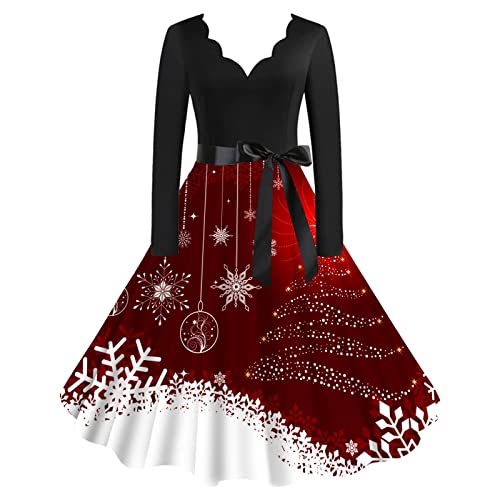 Mode Weihnachtskleider 2024 Klassisches Basic Weihnachtskleid Lässige Langarm V Ausschnitt Kleider für Frauen Trendy Weihnachtsbaum Druck Kleid Damen Weihnachtskleider Cocktailkleid (Black, L) von Donasty