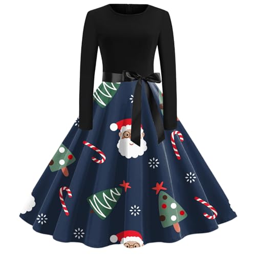 Mode Weihnachtskleider 2024 Klassisches Basic Weihnachtskleid Lässige Langarm V Ausschnitt Kleider für Frauen Trendy Weihnachtsbaum Druck Kleid Damen Weihnachtskleider Cocktailkleid (Blue-e, M) von Donasty
