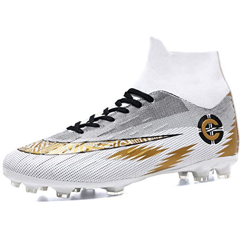 Donbest Fußballschuhe Herren High Top Stollen Spikes Cleats Trainingsschuhe Professionelle Fussballschuhe Outdoor Sport Football Schuhe,Weiß,EU42 von Donbest