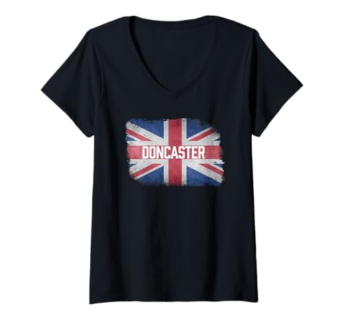 Damen Doncaster | Britische Flagge Großbritanniens Vintage UK Souvenir T-Shirt mit V-Ausschnitt von Doncaster United Kingdom British Flag UK Souvenir