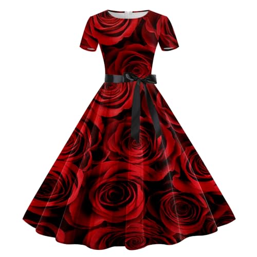 Damen Kleider Elegant, Weiß Swing Kurzarm Valentinstagskleid Freizeitkleid A-Linien Vintage mit Gürtel Cocktailkleid Vokuhila Kleid Große Größen Valentinstag Rockabilly Partykleid Abendkleider von DondPO