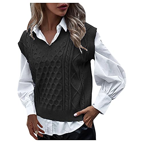 Damen Pullunder Ärmellos Warm Knopf Pullover Sweater Vest Baumwolle Kurz Lose Pullunder Strickweste Strickpullunder V Ausschnitt Winter Damenweste Pullover Vest von DondPO