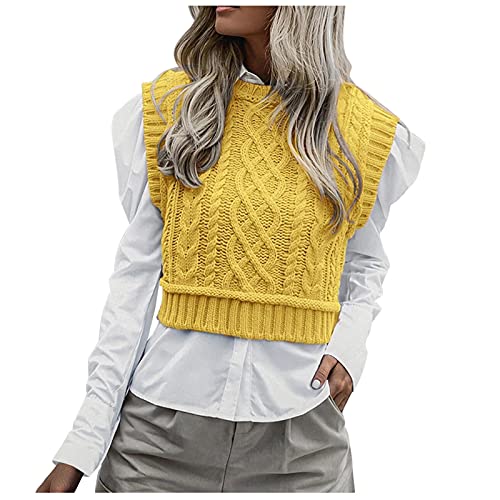 Damen Strickweste, V Ausschnitt Kurz Ärmellos Pullover Vest Sweater Vest Warm Freizeit Baumwolle Strickweste Pullover Pullunder Grau Winter Strickpullover Strickpullunder von DondPO