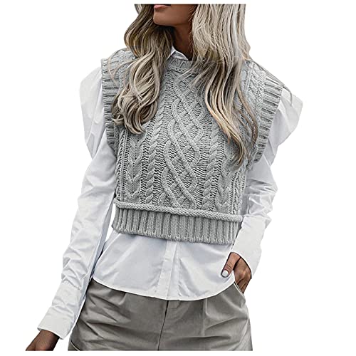 Damen Strickweste, V Ausschnitt Kurz Ärmellos Pullover Vest Sweater Vest Warm Freizeit Baumwolle Strickweste Pullover Pullunder Grau Winter Strickpullover Strickpullunder von DondPO