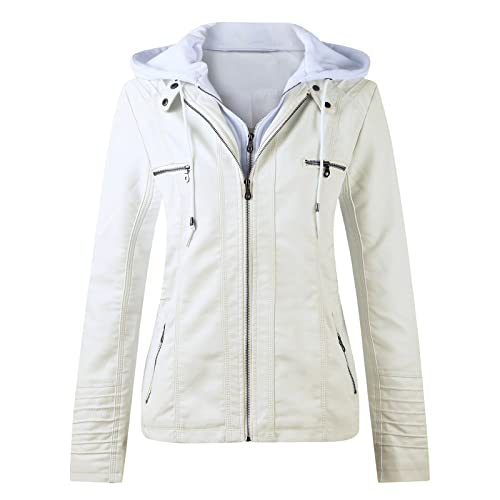 DondPO Damen Lederjacke, Reißverschluss Kurz Beige Kunstlederjacke Motorradjacke Weich Revers 3XL Lederjacke Bikerjacke Biker Motorrad Fruehling Lederimitat Jacke Leather Jacket von DondPO