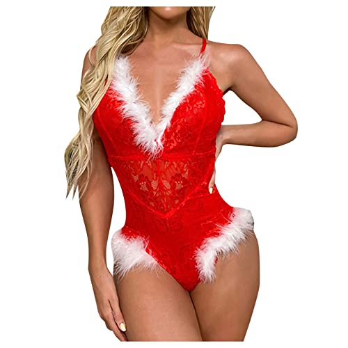 DondPO Erotische Dessous-Sets, Erotische Sexy Durchsichtige Weihnachten Nachtwäsche Nikolaus Unterwäsche Spitze Dessous Set Babydoll Weihnachts Dessous String Rot Reizwäsch Christmas Lingerie # von DondPO