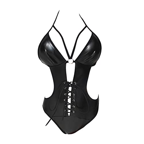 DondPO Reizwäsche Outfit, Offener Schritt Push Up Curvy Reizwäsch Lack Dessous Leder Sexy Erotische Reitzunterwäschedamen Leder Dessous Babydoll Mollige Transparente Erotikwäsche Dessous Set von DondPO