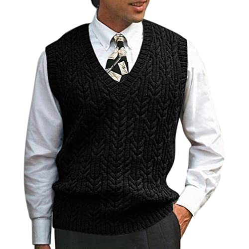 DondPO Strickweste Herren Ärmellose Sportlich Slim Fit Pullunder Arbeitsweste V-Ausschnitt Winter Baumwolle Wollweste Pulloverwestee Weste Warm Schwarze Winterpullover Strickweste von DondPO