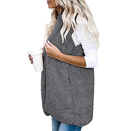 DondPO Weste Lang Damen Westen Elegant Reißverschluss Fleeceweste Fellweste Ärmellose Leicht Warm Fleece Weste Plüschweste Winter Atmungsaktiv Taschen Kuschelweste Teddy Fleece Weste von DondPO