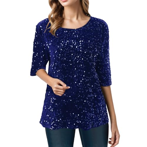 Glitzer Oberteile Damen, Festliche Sparkle Rundhals Glitzeroberteil Tunika Blau Metallic Party Pailletten Oberteil Langarmshirts Bluse Slim Fit Elegant Glitzernde Glitzer Tops Glitzerbluse von DondPO