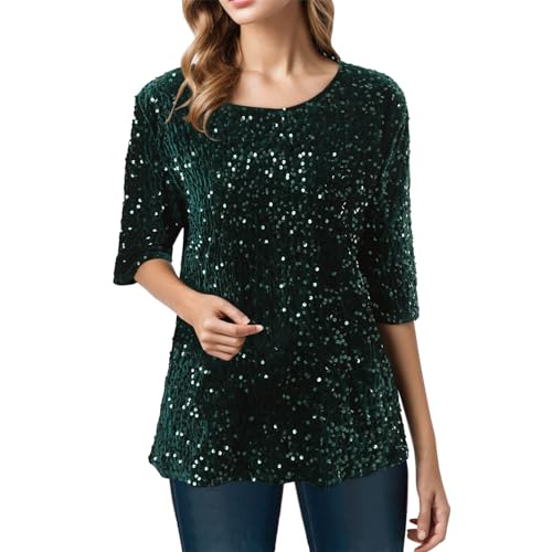 Glitzer Oberteile Damen, Festliche Sparkle Rundhals Glitzeroberteil Tunika Blau Metallic Party Pailletten Oberteil Langarmshirts Bluse Slim Fit Elegant Glitzernde Glitzer Tops Glitzerbluse von DondPO