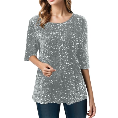 Glitzer Oberteile Damen, Festliche Sparkle Rundhals Glitzeroberteil Tunika Blau Metallic Party Pailletten Oberteil Langarmshirts Bluse Slim Fit Elegant Glitzernde Glitzer Tops Glitzerbluse von DondPO