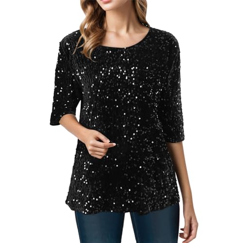 Glitzer Oberteile Damen, Festliche Sparkle Rundhals Glitzeroberteil Tunika Blau Metallic Party Pailletten Oberteil Langarmshirts Bluse Slim Fit Elegant Glitzernde Glitzer Tops Glitzerbluse von DondPO