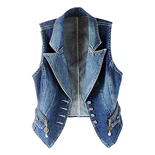 Jeans Weste für Damen- Vintage Taschen M Jeansjacke Denim Weste Knopf Casual Ärmellos Denim Vest Bikerweste Jeansjackenweste Revers Klassisch Jeansweste Vest von DondPO