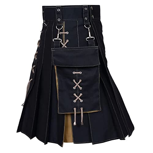 Kilt Herren Schwarz- Cosplay Retro Schottisch Faltenrock Cargorock 3XL mit Tasche Grün Kilt Herrenrock Trachten Rock Mittelalter Karneval Party Bekleidung Schottenrock von DondPO