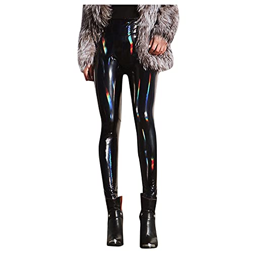 Metallic Hose Damen Metallic Leggings Hohe Taille Hose Glänzend Wetlook Metallic Cargohose Hologramm Hip Hop Tanzhose Lackleder Jogger Streethose Bühnen Auftritt Nachtclub Disco Partyhose Clubwear von DondPO