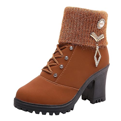 Motorradschuhe Damen, mit Absatz Reißverschluss Leder Kurzstiefel Schnürstiefeletten Gefüttert Bequeme Damenstiefeletten Ankle Boots Stiefeletten Braun Niedriger Winterstiefel Motorradstiefel von DondPO