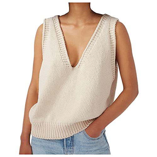 Pullunder Für Damen, Baumwolle Warm Braune Pullover Strickpullunder Freizeit Vintage Winter Pullover Vest Strickweste Sweater Vest Ärmellos V Ausschnitt Pullunder Longweste von DondPO