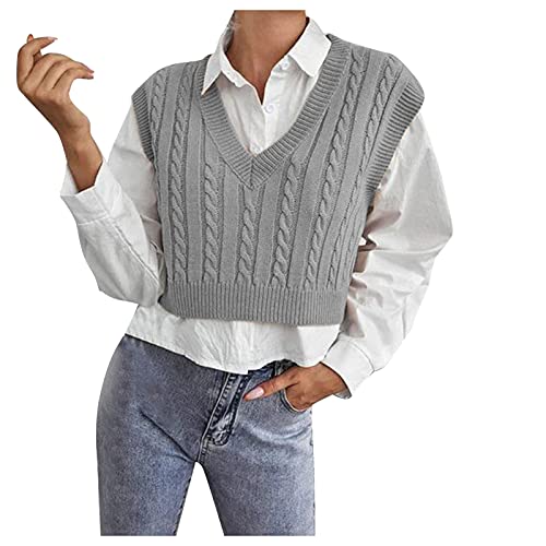 Pullunder Grau Damen, Herbst Baumwolle Winter Pullover Vest Pullunder Frauen V Ausschnitt Warm Strickpullunder Sweater Vest Pullover Ärmellos Knopf Strickweste Winterpullover von DondPO