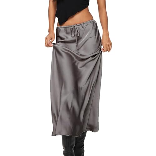 Seidenrock Damen, Swing Glänzende Kaffee Seidenrock Satinröcke High Waist Elegant Silk Satin Rock Bleistiftrock Midirock Beige Vintage Lang Minirock von DondPO