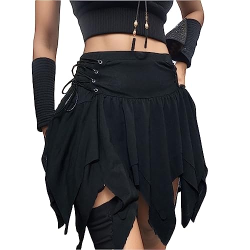 Steampunk Kostüm Damen, Retro Cosplay Victorian Gothic Kleid Mittelalter Rock XXL Halloween Weiß Rock Piraten Kostüm Gothic Kleidung Hohe Taille Knielang Lang Kurz Steampunk Rock Gothic Rock von DondPO