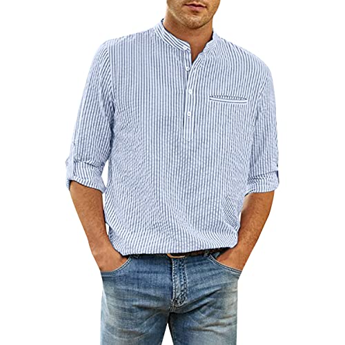 Strandhemd Herren, Solid Stehkragen Knopf Leinenhemd Männer Leichtes Sommer Sommerhemd Basic Langarm Hemd Oversize Mode Herrenhemden Freizeithemd 3XL 4XL XXXL Leinen Hemden von DondPO