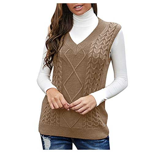 Strick Pullunder Damen, Lang Winter Baumwolle Damenpulli Pullunder V Ausschnitt Weich Vintage Strickpullunder Pullover Vest Pullover Ärmellos Warm Strickweste Sweater Vest von DondPO