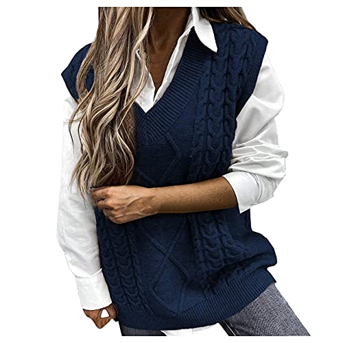 Strick Pullunder Damen, Lang Winter Baumwolle Damenpulli Pullunder V Ausschnitt Weich Vintage Strickpullunder Pullover Vest Pullover Ärmellos Warm Strickweste Sweater Vest von DondPO