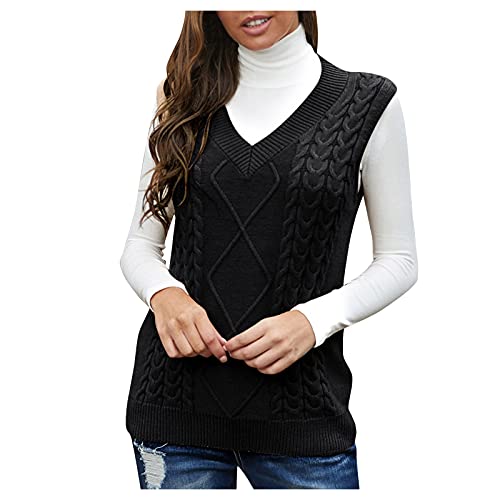Strick Pullunder Damen, Lang Winter Baumwolle Damenpulli Pullunder V Ausschnitt Weich Vintage Strickpullunder Pullover Vest Pullover Ärmellos Warm Strickweste Sweater Vest von DondPO