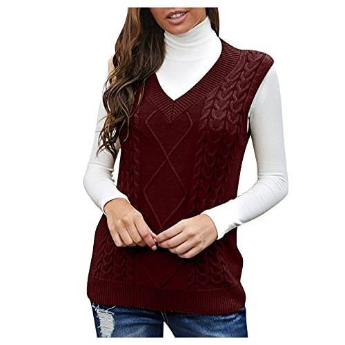 Strick Pullunder Damen, Lang Winter Baumwolle Damenpulli Pullunder V Ausschnitt Weich Vintage Strickpullunder Pullover Vest Pullover Ärmellos Warm Strickweste Sweater Vest von DondPO