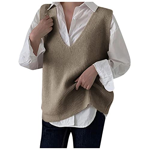 Strickpullover Damen Oversize, V Ausschnitt Ärmellos Warm Sweater Vest Wollweste Gestreift Lang Winter Strickpullunder Pullover Strickweste Baumwolle Knopf Pullover Vest Pullunder von DondPO