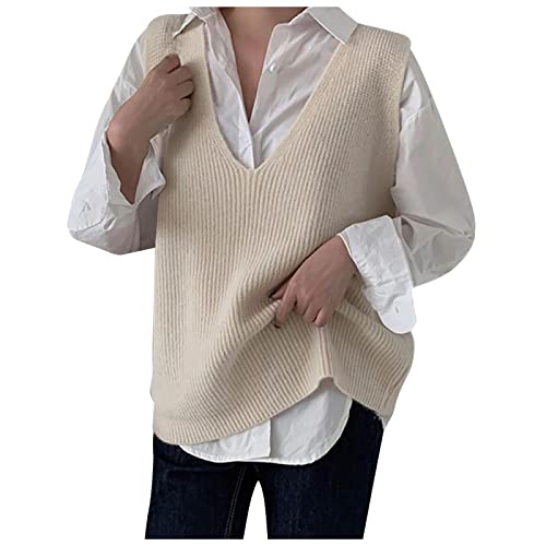 Strickpullover Damen Oversize, V Ausschnitt Ärmellos Warm Sweater Vest Wollweste Gestreift Lang Winter Strickpullunder Pullover Strickweste Baumwolle Knopf Pullover Vest Pullunder von DondPO