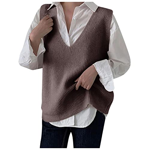 Strickpullover Damen Oversize, V Ausschnitt Ärmellos Warm Sweater Vest Wollweste Gestreift Lang Winter Strickpullunder Pullover Strickweste Baumwolle Knopf Pullover Vest Pullunder von DondPO