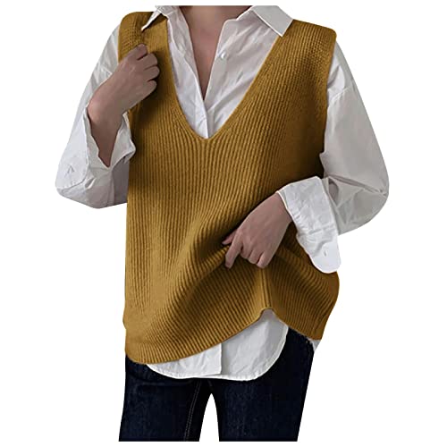 Strickpullover Damen Oversize, V Ausschnitt Ärmellos Warm Sweater Vest Wollweste Gestreift Lang Winter Strickpullunder Pullover Strickweste Baumwolle Knopf Pullover Vest Pullunder von DondPO