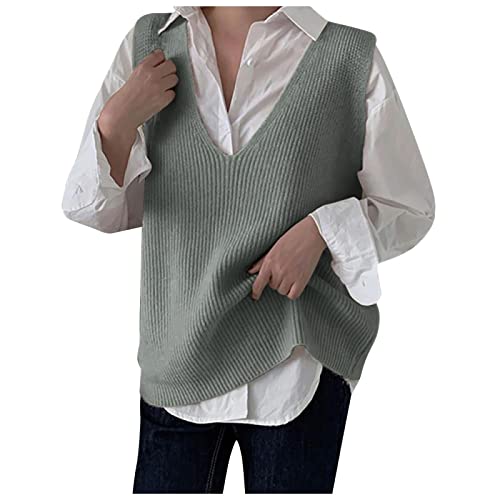 Strickpullover Damen Oversize, V Ausschnitt Ärmellos Warm Sweater Vest Wollweste Gestreift Lang Winter Strickpullunder Pullover Strickweste Baumwolle Knopf Pullover Vest Pullunder von DondPO